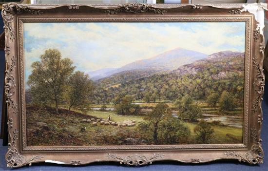 Alfred Augustus Glendening (1861-1907) Shepherd and flock in a valley, 24 x 42in.